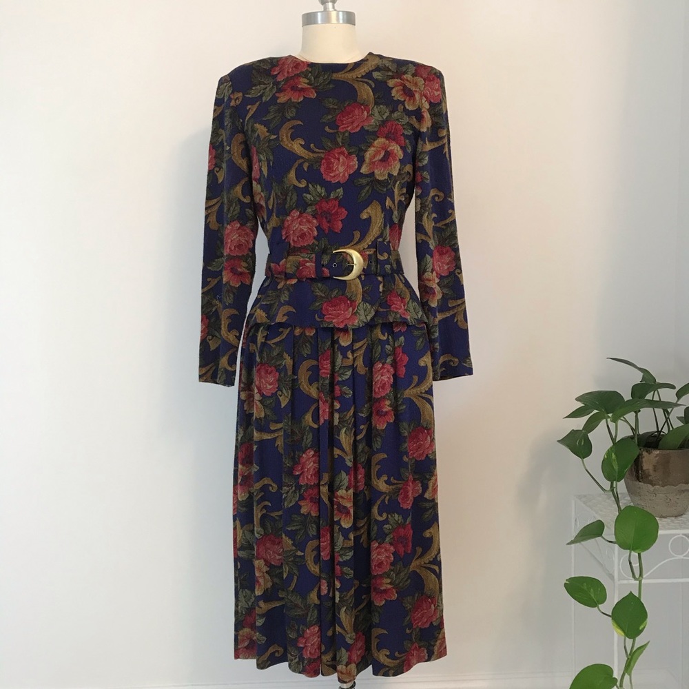Vintage Fall Floral Long Sleeve Midi Dress